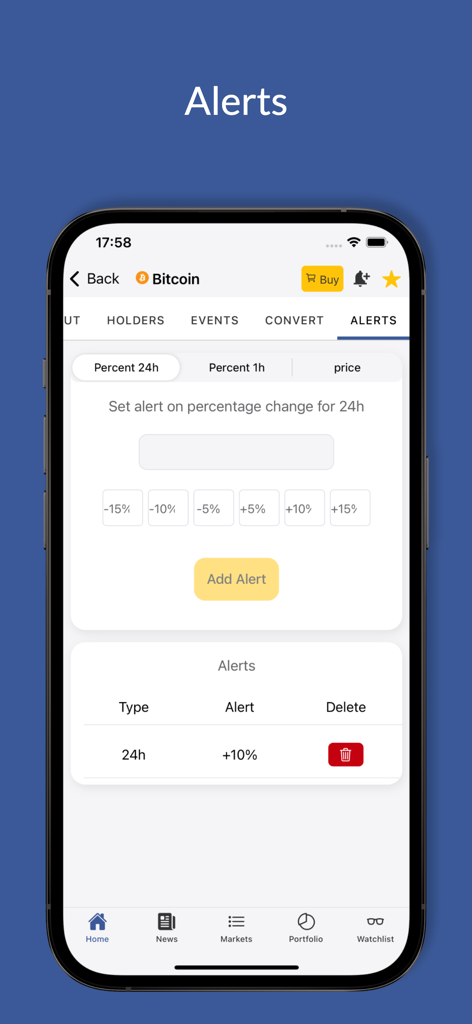 CoinLore Cryptocurrency Prices - CoinLore mobile app interface showing Bitcoin price alerts and percentage change settings