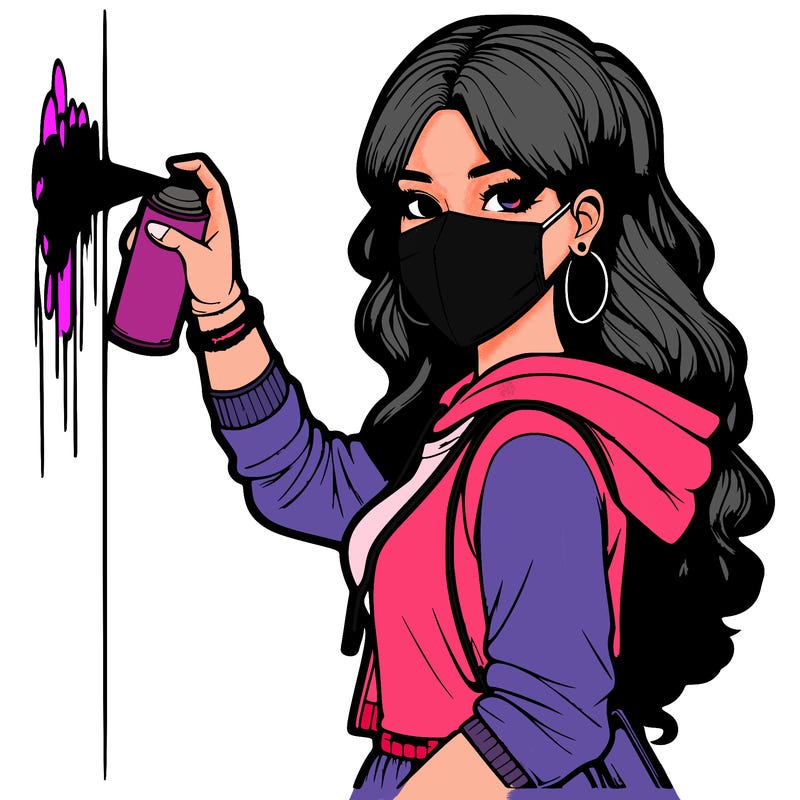 realistic girl with mask spray painting a wall