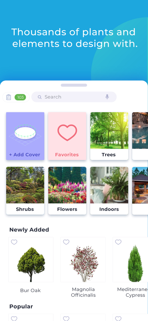 iScape app screen showing a library of plants and design elements including trees shrubs and flowers
