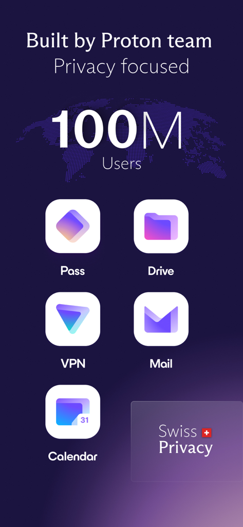 Proton Pass - Password Manager - Ecosistema de aplicaciones de privacidad de Proton, incluyendo Pass Drive VPN y Mail, mostrando cien millones de usuarios y enfoque en la privacidad suiza