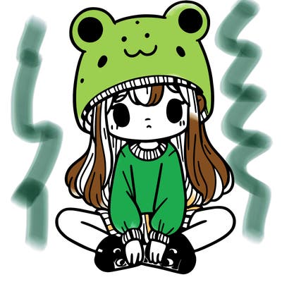 a girl wearing a frog hat and some frog socks