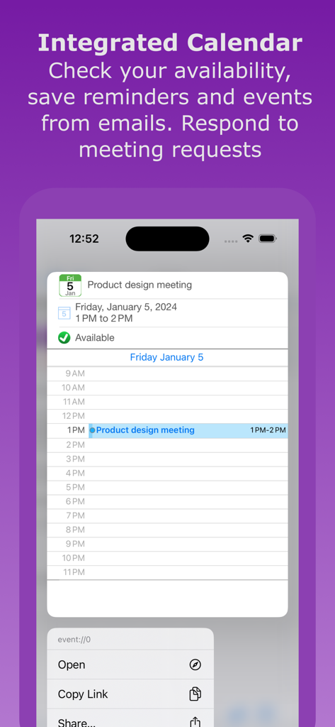 AltaMail app interface showing the integrated calendar with a scheduled product design meeting