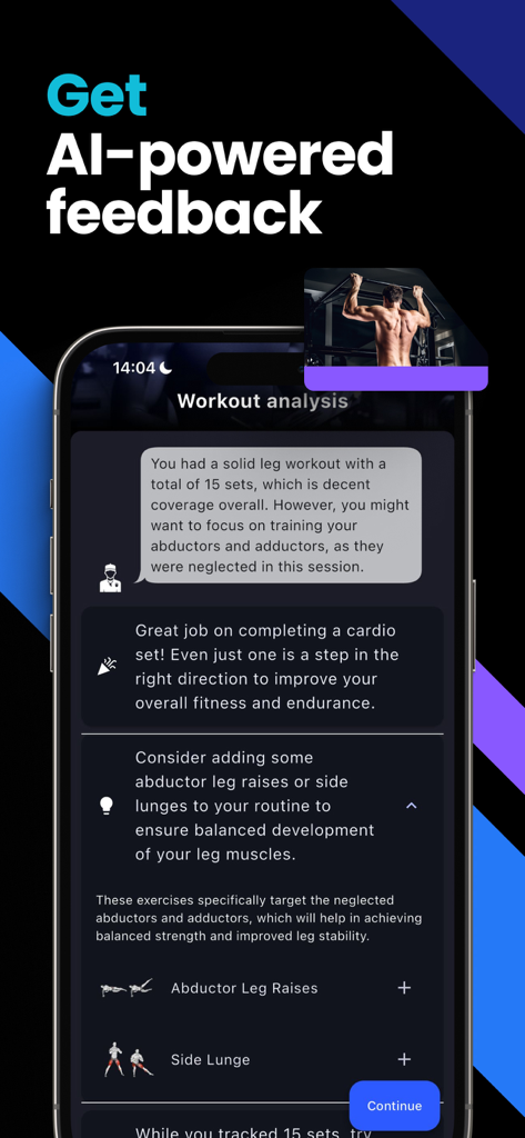 Heft - Exercise Tracker & Log - Heft app interface showing AI-powered workout analysis and exercise recommendations for a leg session