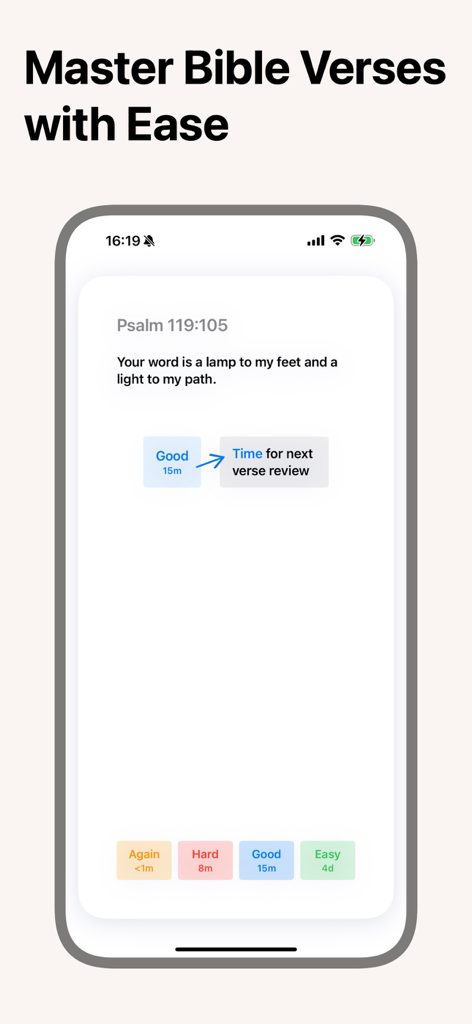 Tela do Aplicativo de Memorização Bíblica mostrando um cartão de versículo bíblico com botões de classificação de memorização.