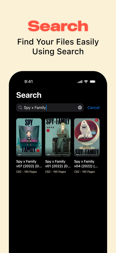 Comick: Comic & eBook Reader - Schermata di ricerca nell'app Comick che mostra i risultati della ricerca manga per Spy x Family con copertine di fumetti e dettagli dei file.