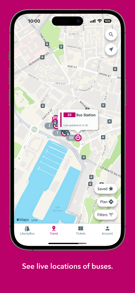 LibertyBus - LibertyBus 앱 인터페이스에 저지 지도에서 실시간 버스 위치가 표시됨