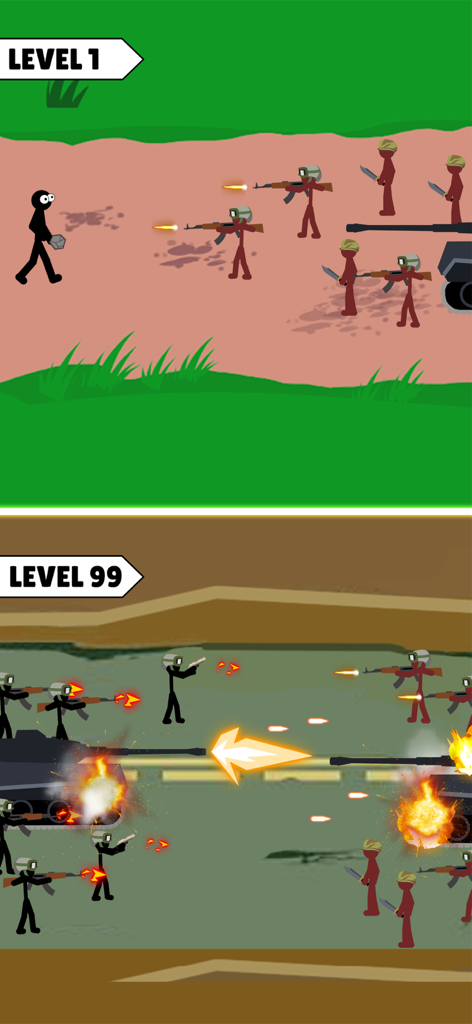 Comparison between Level 1 and Level 99 gameplay in Clash of Stickman Evolution showing a primitive stickman vs a modern army