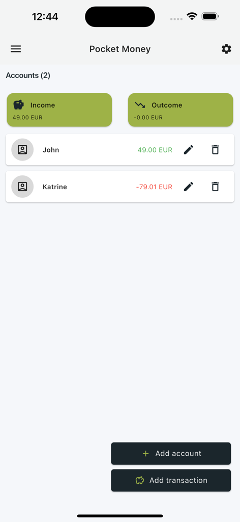 Pocket Money Manager - Pocket Money Manager app dashboard displaying allowance balances for two children accounts.