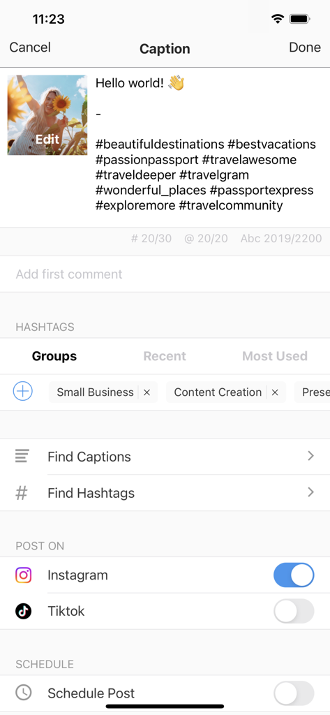 Preview app interface showing options to write captions, select hashtag groups, and schedule posts for Instagram and TikTok.