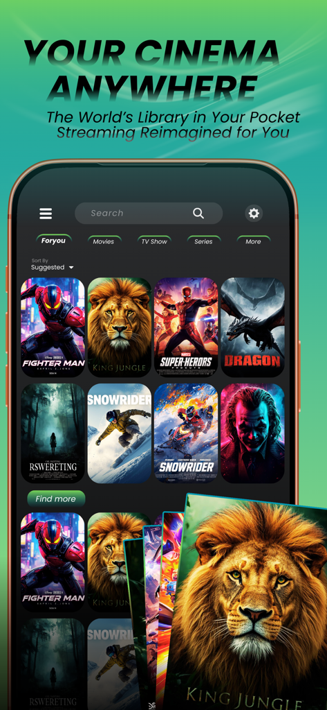 The MovieBox app interface displaying a variety of movies and series categories on a smartphone screen.