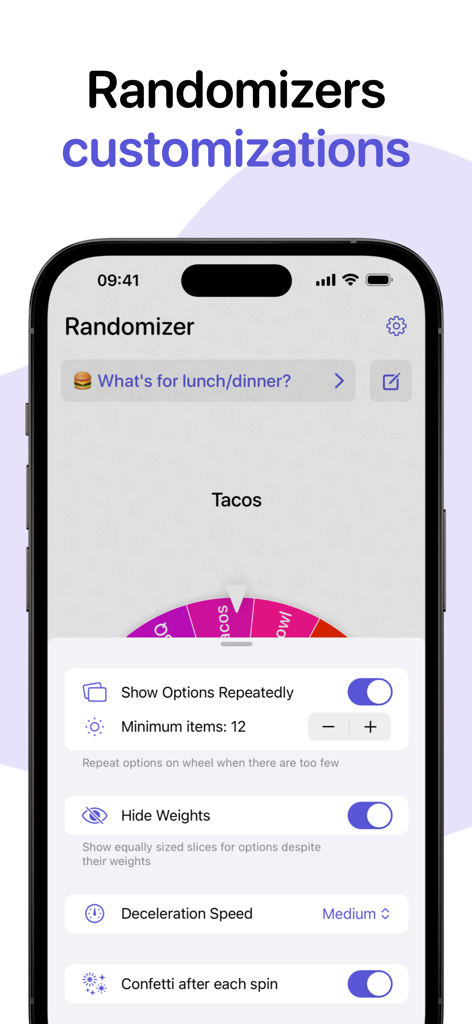 Spin the Wheel - Randomizer - Interface of the Spin the Wheel app showing customization settings for the randomizer wheel like deceleration speed and confetti effects.