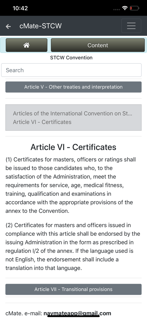 cMate-STCW - cMate-STCW app interface showing Article VI regarding seafarer certificates