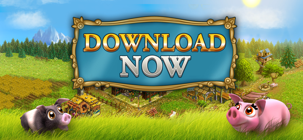 Banner de descarga de My Little Farmies Mobile con una aldea medieval y lindos cerdos caricaturizados