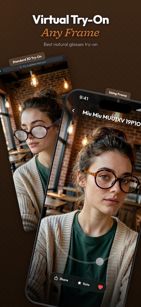 Frame — Find you glasses - Seitenvergleich einer Standard-3D-Brillenanprobe mit Frame fotorealistischer KI-virtueller Anprobe