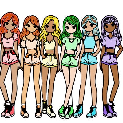 a group of girls wearing crop tops and shorts