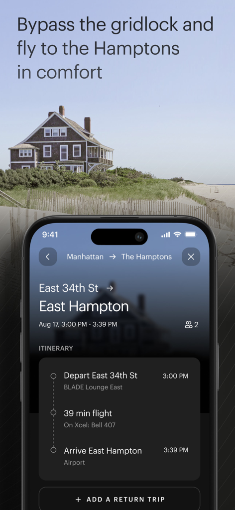 Pantalla de la aplicación BLADE que muestra un itinerario de vuelo en helicóptero desde Manhattan a East Hampton