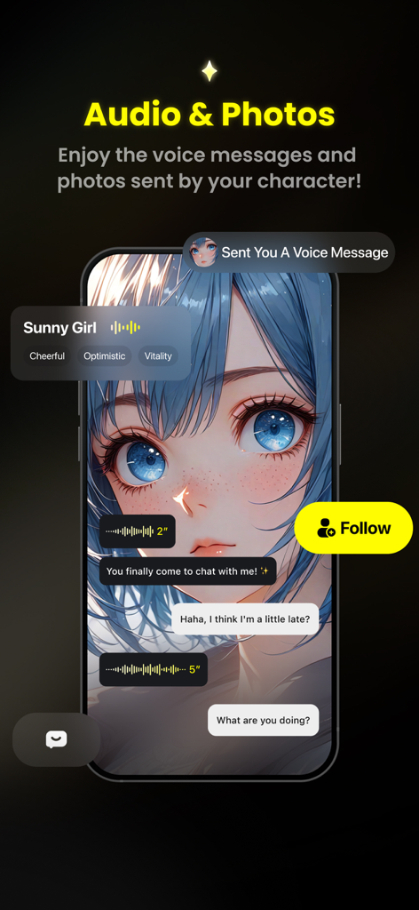 Anime character interface showing voice messages and photos in the Emochi AI app.
