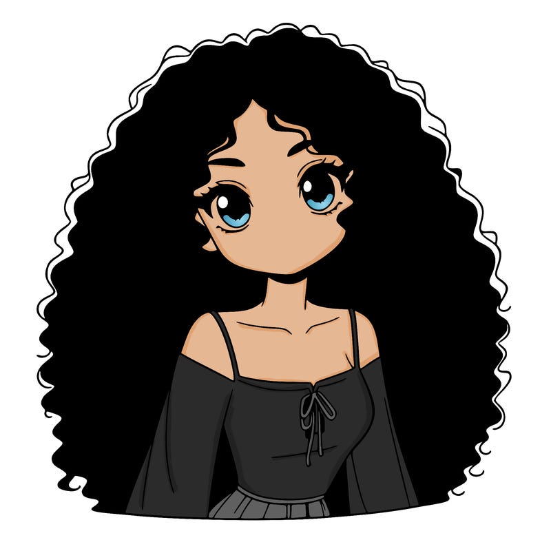 a black anime girl with long afro hair