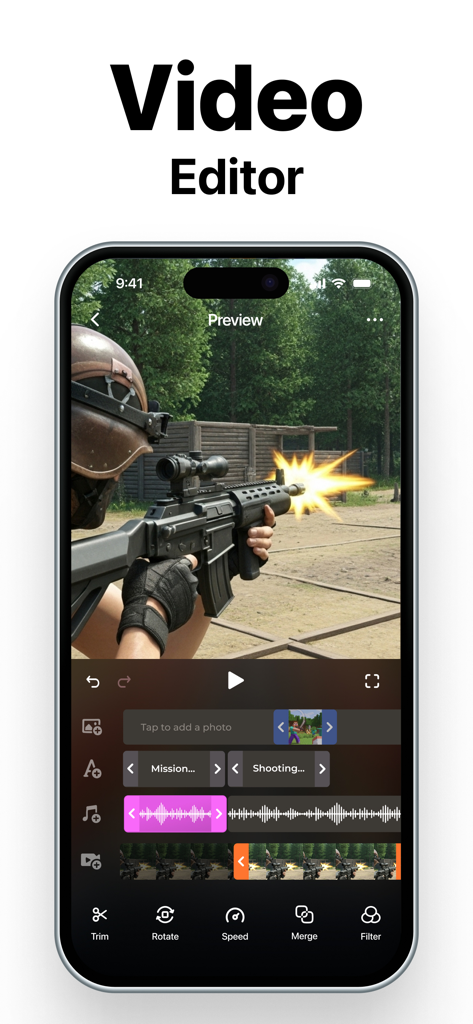 Screen Recorder app video editor interface showing a multi-track timeline for editing gameplay footage with tools like trim, rotate, and filters.