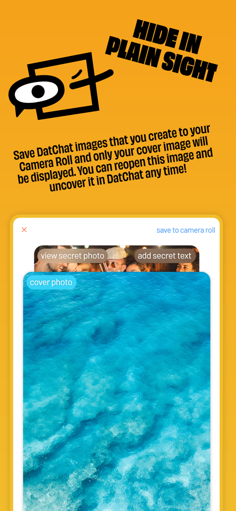 커버 이미지 뒤에 숨겨진 비밀 사진을 보여주는 숨기기 기능(Hide in Plain Sight)을 보여주는 DatChat 앱 인터페이스