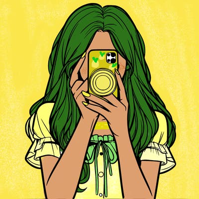 a realistic girl holding her phone taking pictures