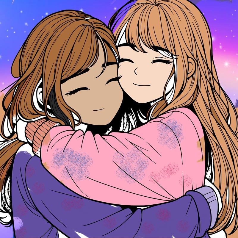 realistic two girls hugging