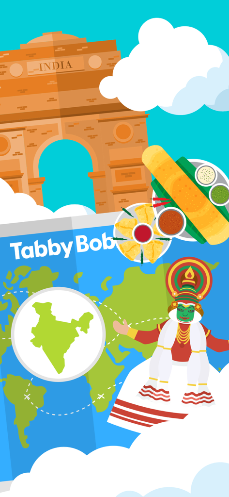 Graphic illustration of Indian culture including the India Gate and traditional food for the Tabby Bobby travel app