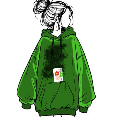 realistic girl with a oversized sweatshirt on and a bun