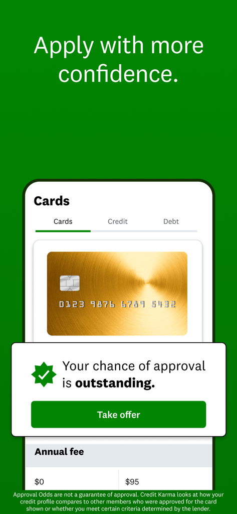 Écran mobile affichant l'offre de carte de crédit Intuit Credit Karma avec un message indiquant les chances d'approbation exceptionnelles