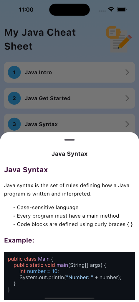 Java syntax explanation and code example in the Java For Beginners mobile app.