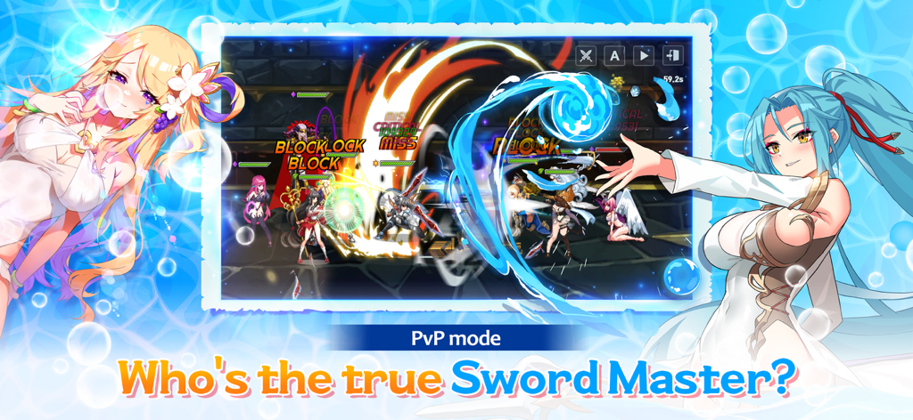 Sword Master Story - Mode PvP de Sword Master Story montrant un gameplay de RPG d'action avec des illustrations de personnages de style anime.