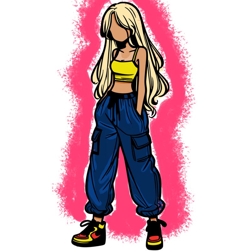 girl in baggy pants crop top and long hair