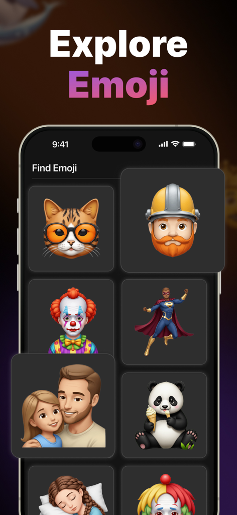 Genmoji - AI Emoji Maker - L'interface de l'application Genmoji montrant une grille d'emojis et de personnages uniques générés par IA.