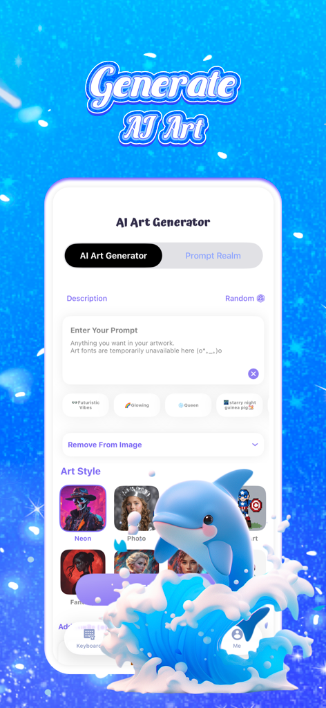 Interface do aplicativo V Keyboard mostrando o recurso Gerador de Arte AI com um golfinho azul saltando sobre ondas e várias opções de estilo de arte.