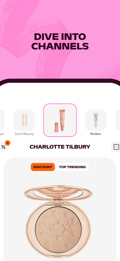 luxplus - Luxplus mobile app interface showing beauty brand channels and a trending Charlotte Tilbury product with a discount label.