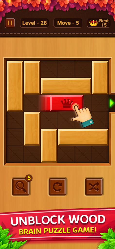 Classic Number Game -Numpuzzle - Captura de pantalla del juego del modo Unblock Wood puzzle en Classic Number Game presentando un bloque rojo con un icono de corona