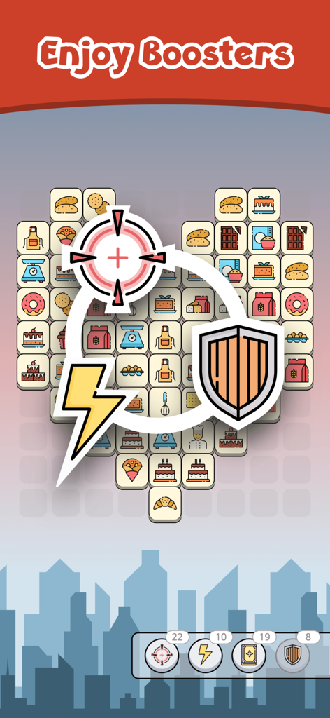 Zen Match Majong Tile Explorer - Gameplay screen of Zen Match Mahjong showing food-themed tiles and game boosters like hints and shields.