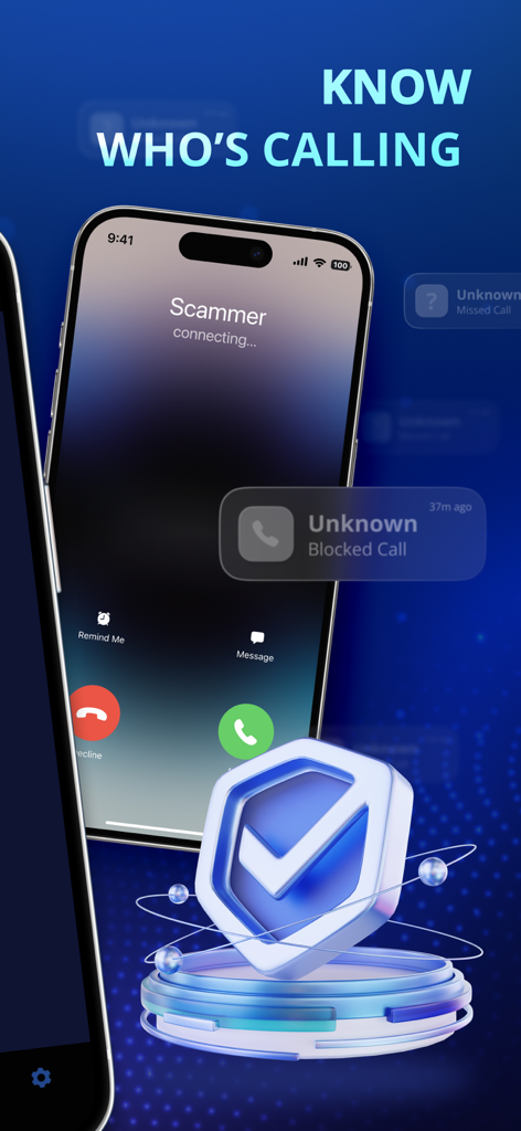 Call ID - Call Blocker - iPhone-Bildschirm zeigt einen eingehenden Anruf, der von der Call ID-App als Betrüger identifiziert wurde