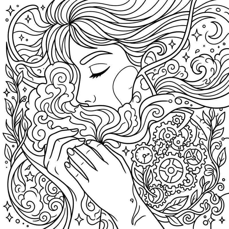 Explore the depth of self with this unique fragmented self-portrait coloring page, featuring a beautiful blend of organic and mechanical elements. It's an intricate design that invites contemplation and creative expression.