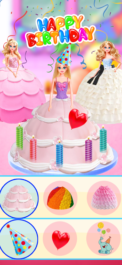 Decorando un pastel de muñeca de princesa rosa de cumpleaños con velas y un gorro de fiesta en un juego simulador.