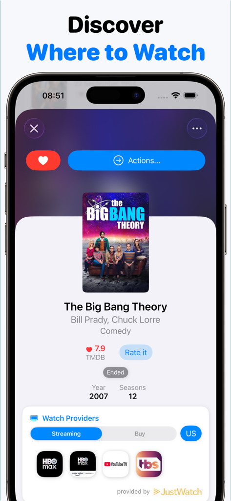 Movie Tracker: Watchlist - Pantalla del iPhone que muestra la interfaz de la aplicación Movie Tracker con proveedores de streaming para The Big Bang Theory