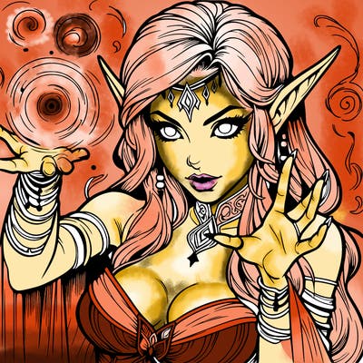 realistic scary beautiful elf sorceress casting spell