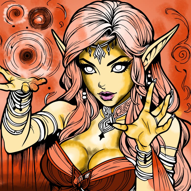 realistic scary beautiful elf sorceress casting spell