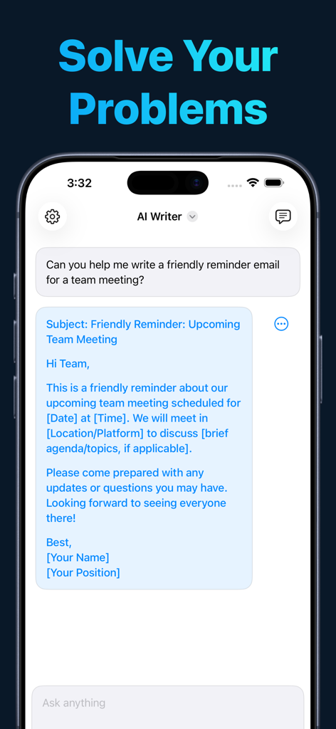 AI Writer app generating a professional team meeting reminder email draft on a mobile screen