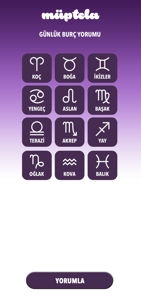 Müptela - Kahve Falı, Tarot - Muptelaアプリのインターフェース。毎日の星占いを読むための12の星座のグリッドが表示されています。