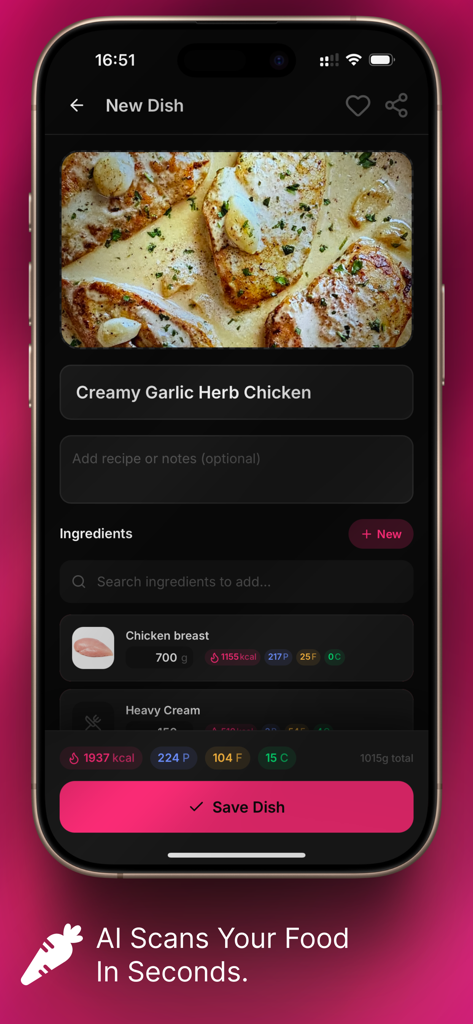 Eatme: Snap Food, Track Macros - Interface of the Eatme app showing an AI scan of a chicken dish with detailed macro and calorie tracking.
