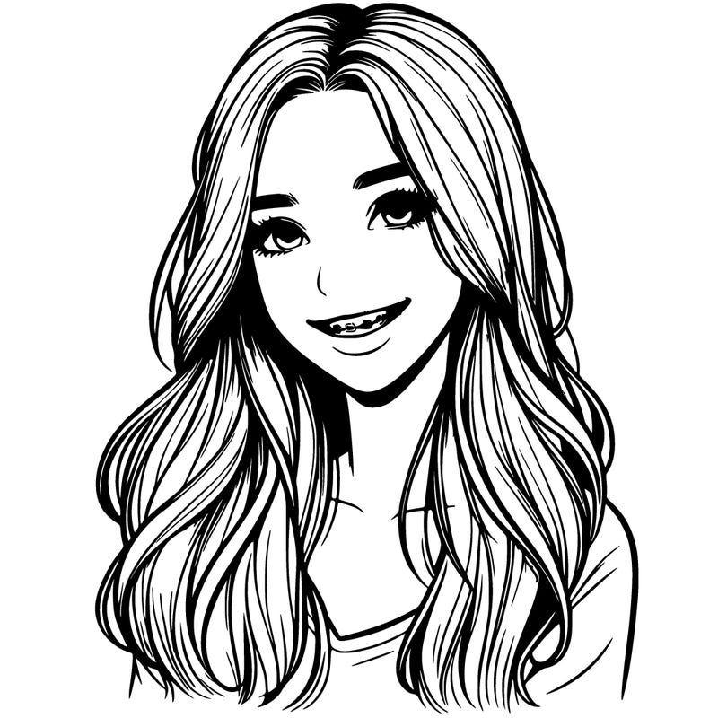 realistic  girl with long hair and braces