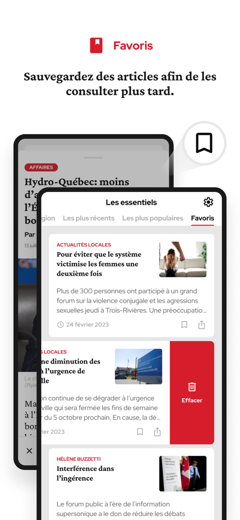 Le Nouvelliste - Interface of the Le Nouvelliste app showing the favorites section where users can save and manage news articles to read later.