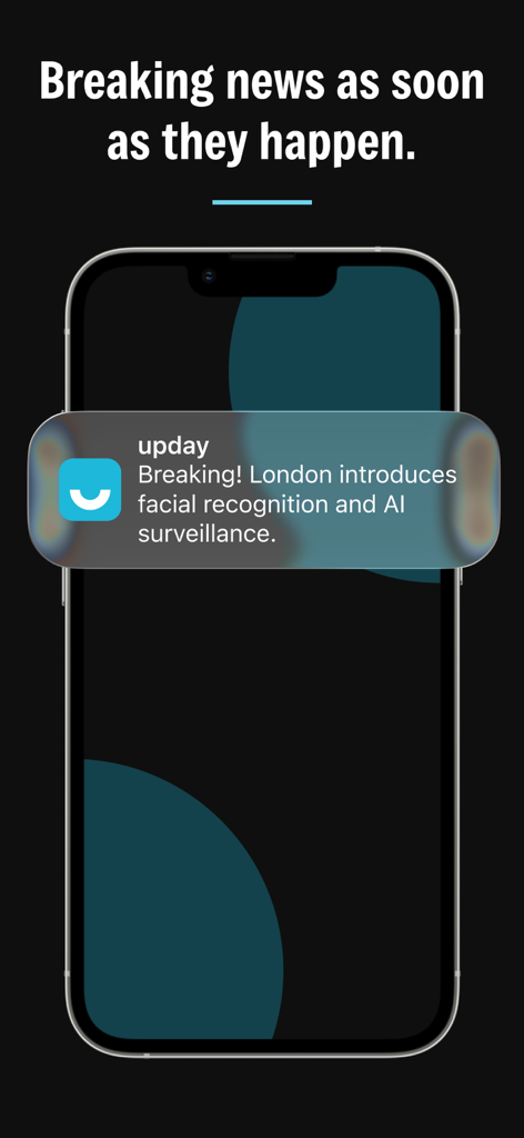 A smartphone displaying a breaking news push notification from the upday app about London AI surveillance.