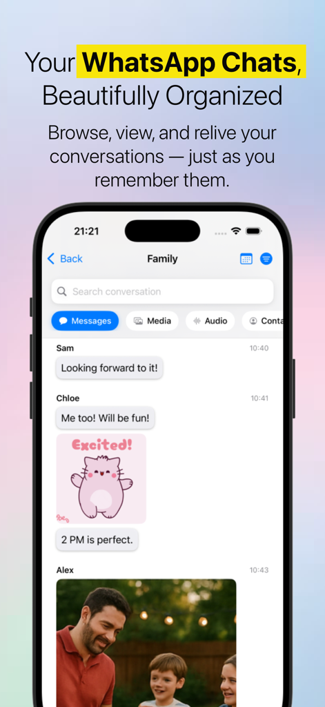 Chat Archive – WhatsApp Backup - Interface of the Chat Archive app showing an organized family WhatsApp conversation with photos and search filters